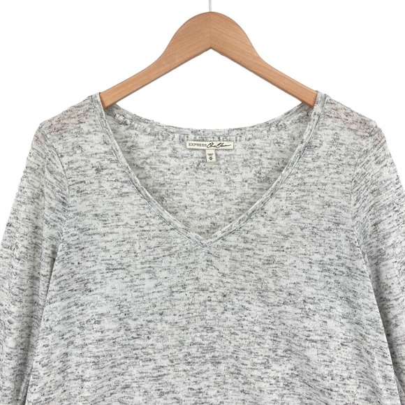 Express Tee Shirt Top Womens Medium Gray Marled Knit Long Sleeve V Neck Pullover - Picture 3 of 11